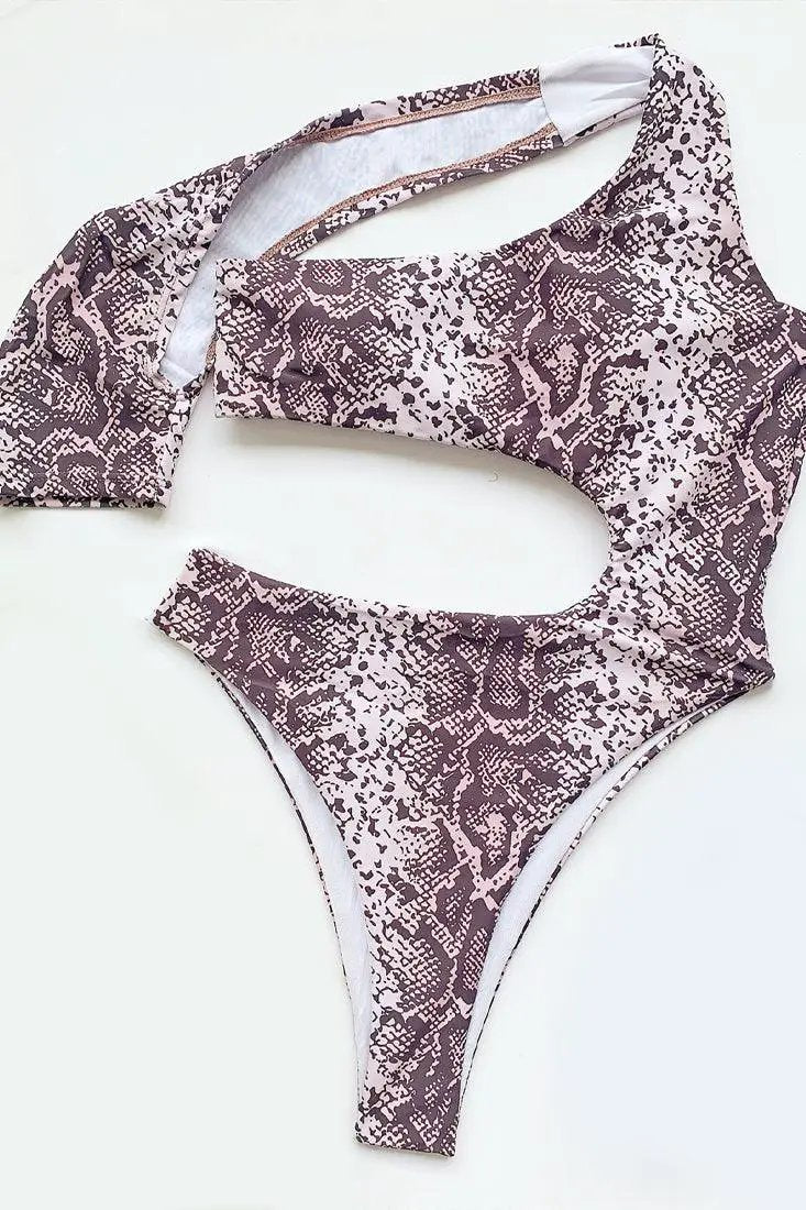 Sexy Grey Pink Snake Print One Sleeve Monokini