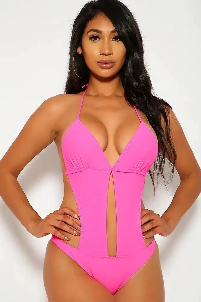 Sexy Neon Pink Halter Cut Out One Piece Monokini Swimsuit