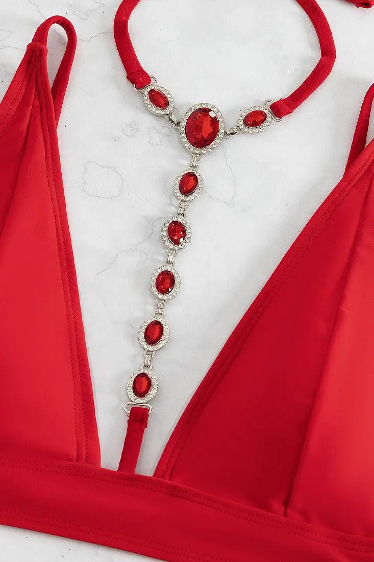 Sexy Red 2pc Thong Bikini With Gemstones