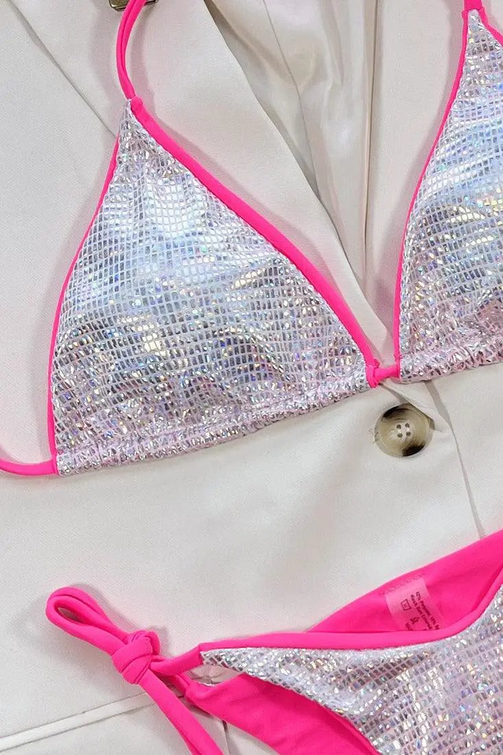 Sexy Silver Hologram Bikini With Pink Trim
