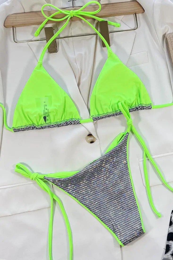 Sexy Silver Square Hologram Print Bikini With Lime Trim