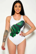Sexy White Green Printed Sleeveless Padded Low Back One Piece Swimsuit