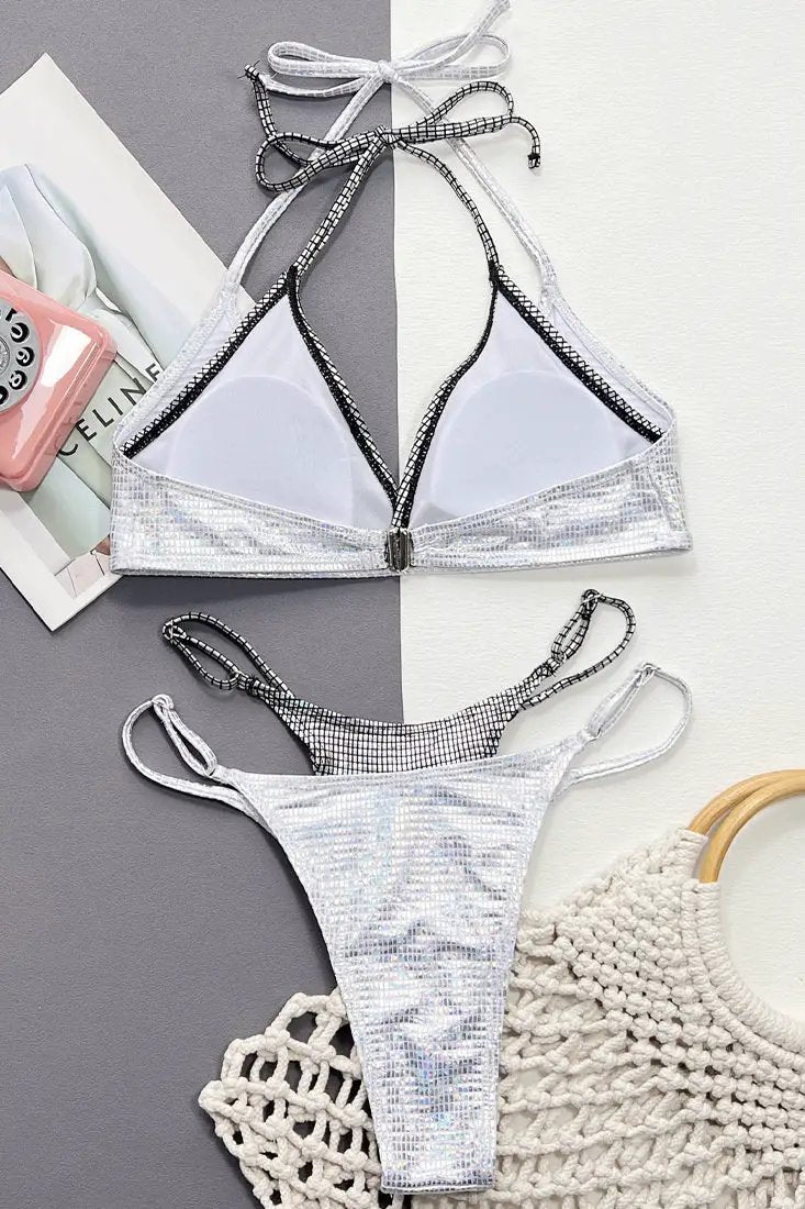 Silver Black Metallic Double Strap Cheeky 2Pc Swimsuit Sexy Bikini A03H