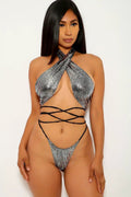 Silver Black Snake Print Strappy Two Piece Swimsuit