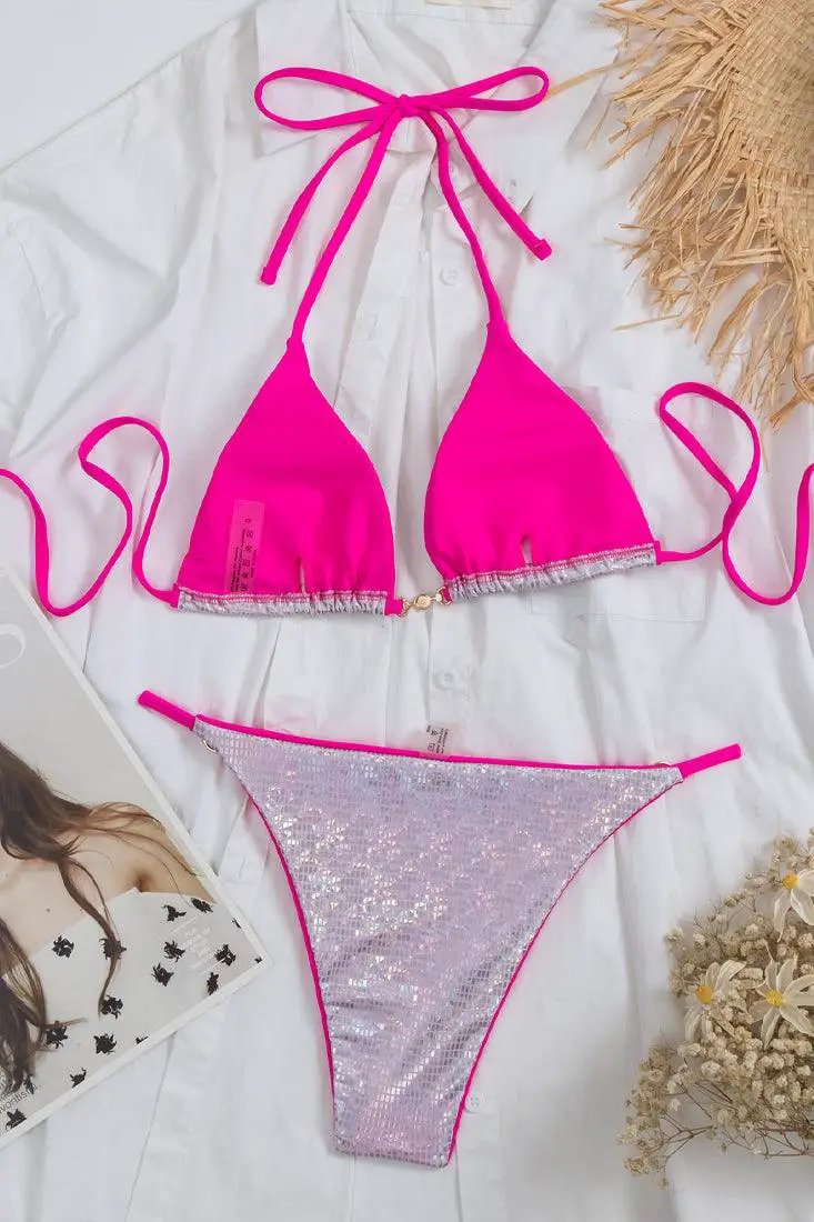 Silver Metallic Holographic Pink Piping Pearl Designer 2 Pc Sexy Swimsuit Set Bikini