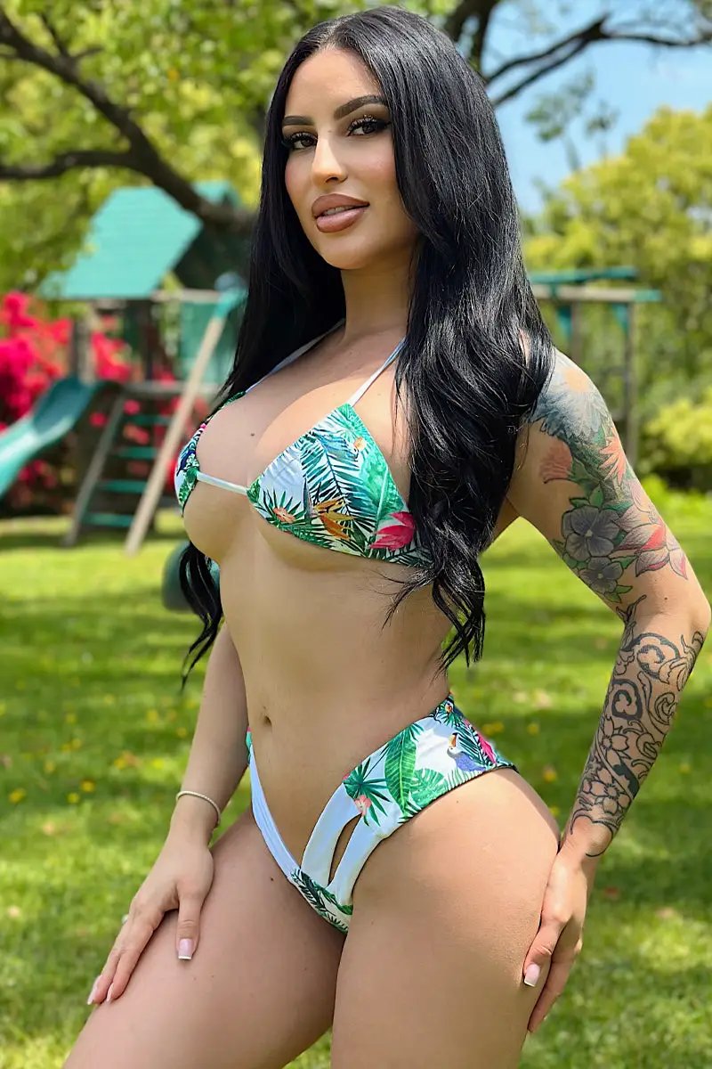White Tropical Print Cheeky Halter 2 Pc Swimsuit Bikini