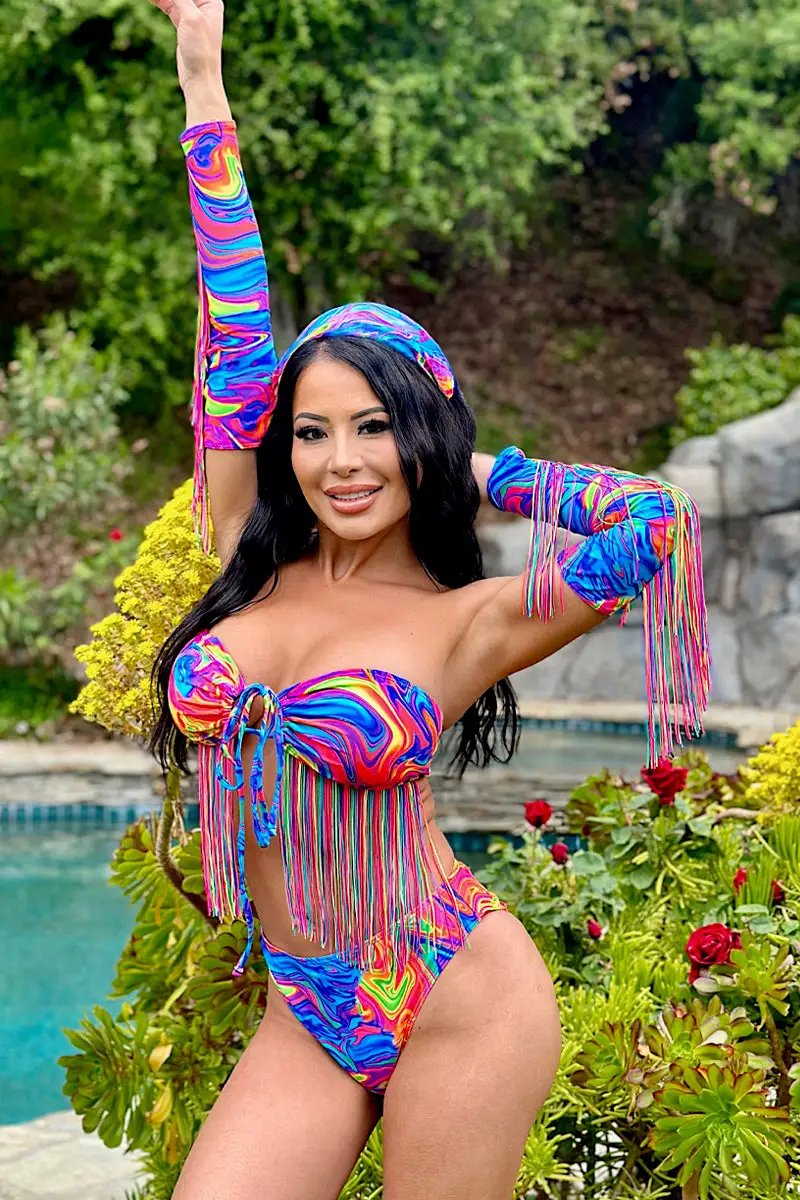 Multi Printed Fringe Halter High Waist Gloves Scarf 5Pc Swimsuit Set