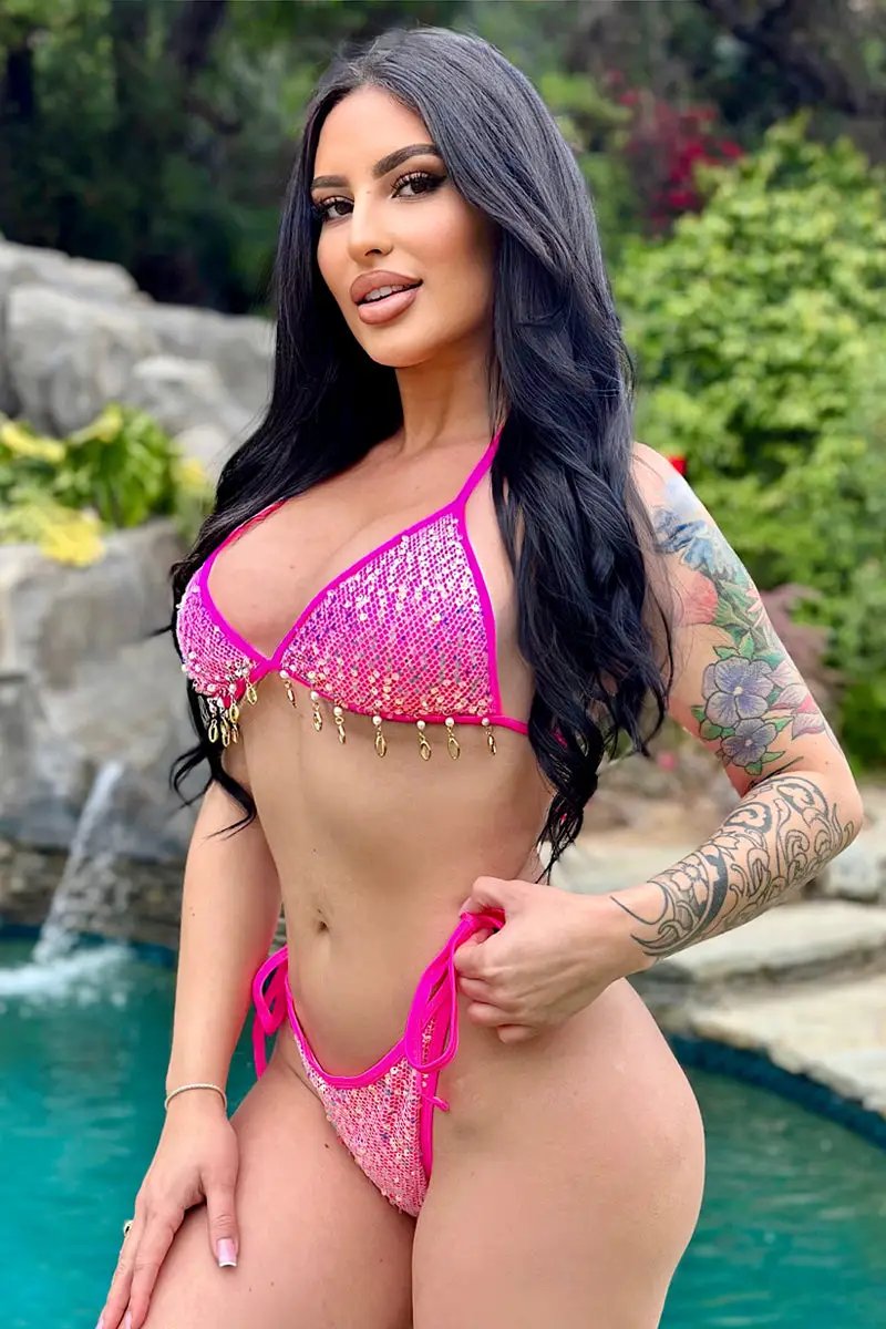 Hot Pink Sequin Gold Sea Shell Pearl Sexy 2Pc Swimsuit Set Bikini
