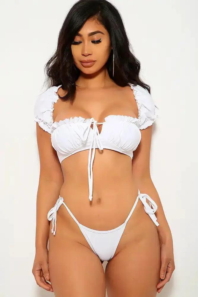 White Short Sleeve Ruffled Two Piece Swimsuit