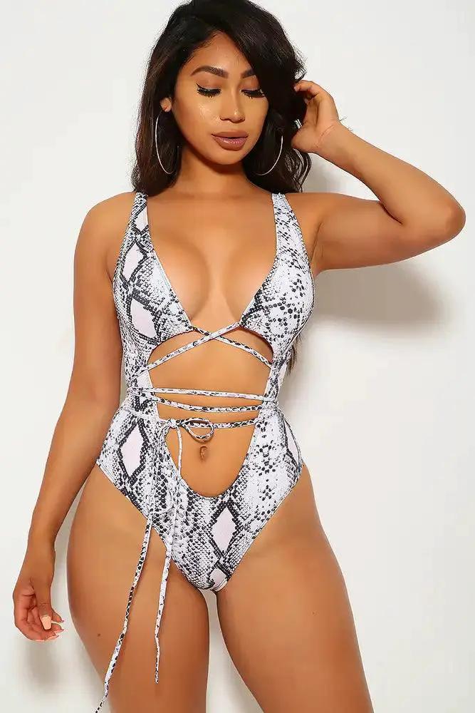 White Snake Strappy One Piece Monokini Swimsuit