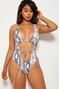 White Snake Strappy One Piece Monokini Swimsuit